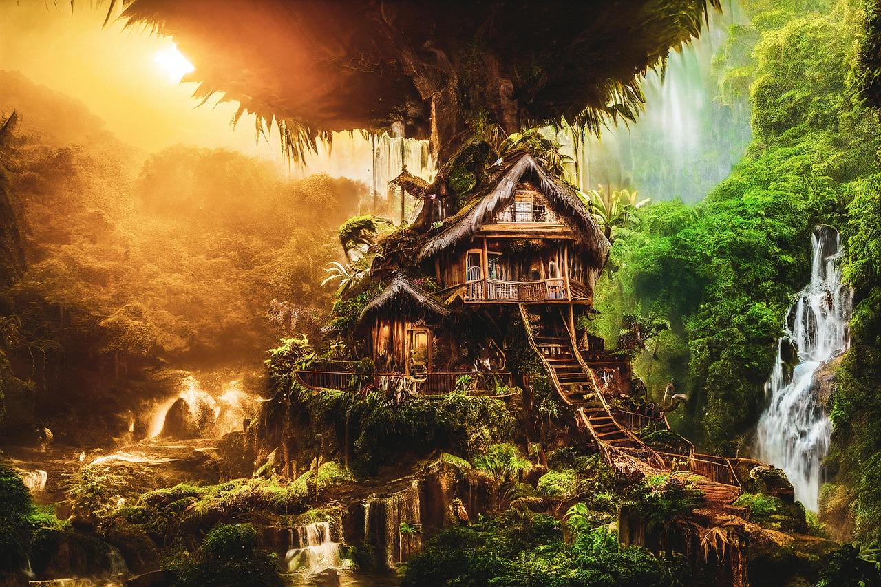 Volwassenen in boomhut relaxen met uitzicht. Volwassenen in boomhut relaxen met uitzicht.